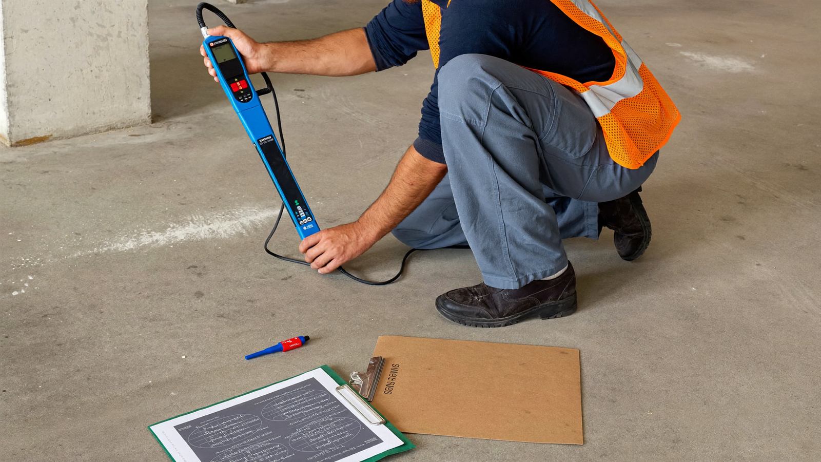 Bauingenieur kniet und misst mit einem professionellen Feuchtemessgerät (CM-Gerät) die Restfeuchte eines Estrichbodens