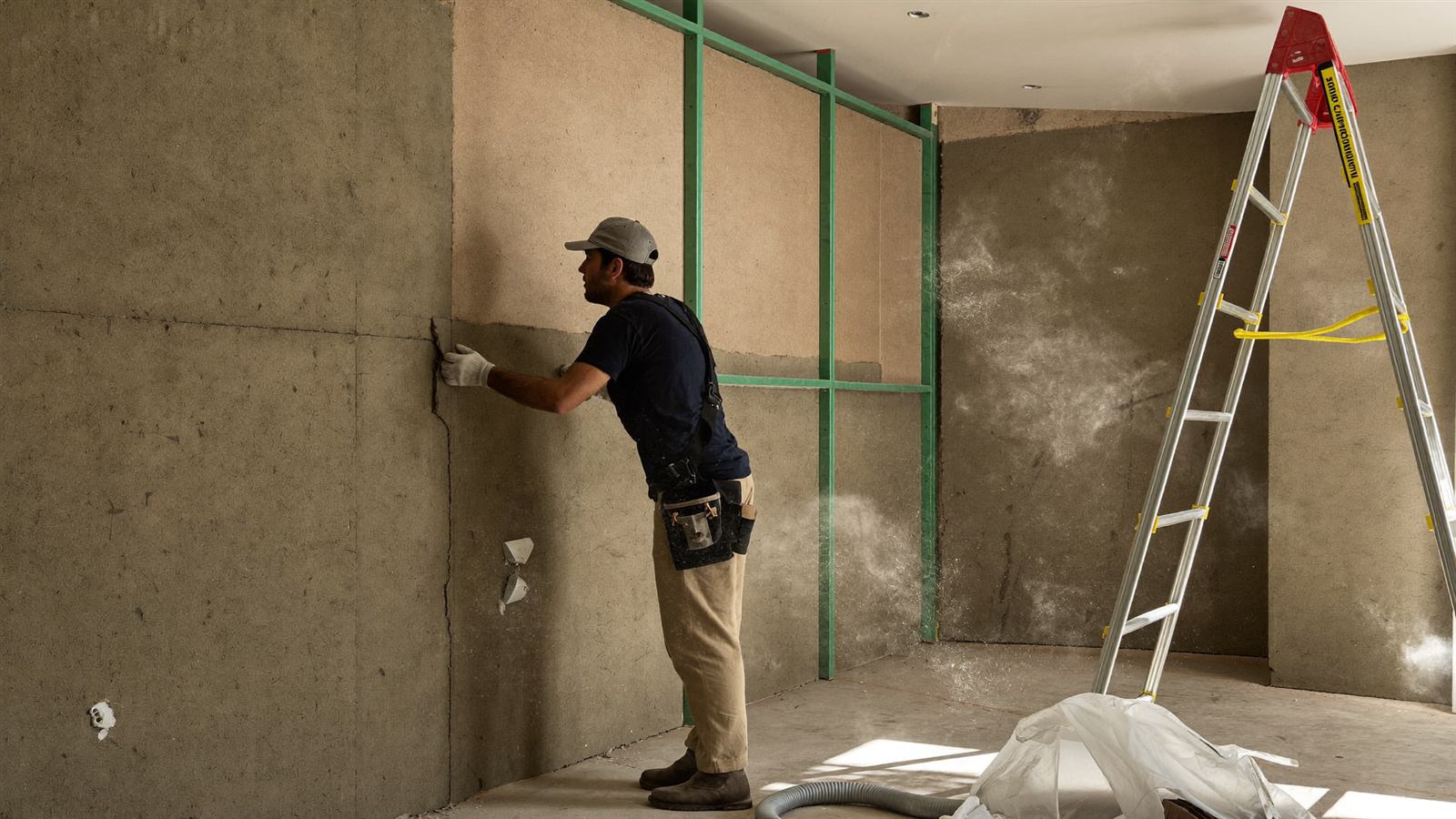 Handwerker montiert Trockenbau-Ständerwerk mit Gipskartonplatten in einem unfertigen Innenraum